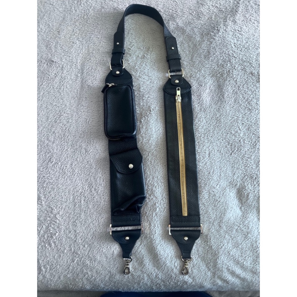 Bandolier Billie Utility Crossbody Strap in Black/Gold Pebble Leather